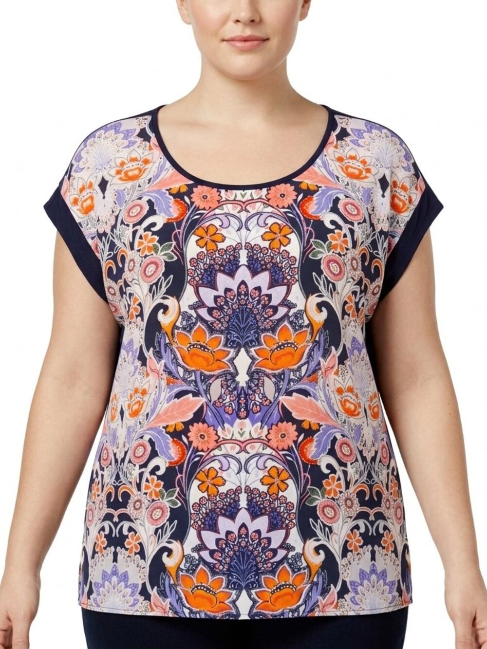 DR 2 Sheer Floral Print/Tee Style Top- Sz. Lrg